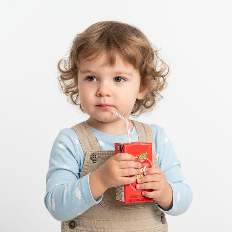 A toddler, age 3, holding a juice box.