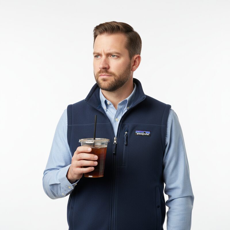 An adult, age 41, holding a cold brew, wearing a fleece vest.
